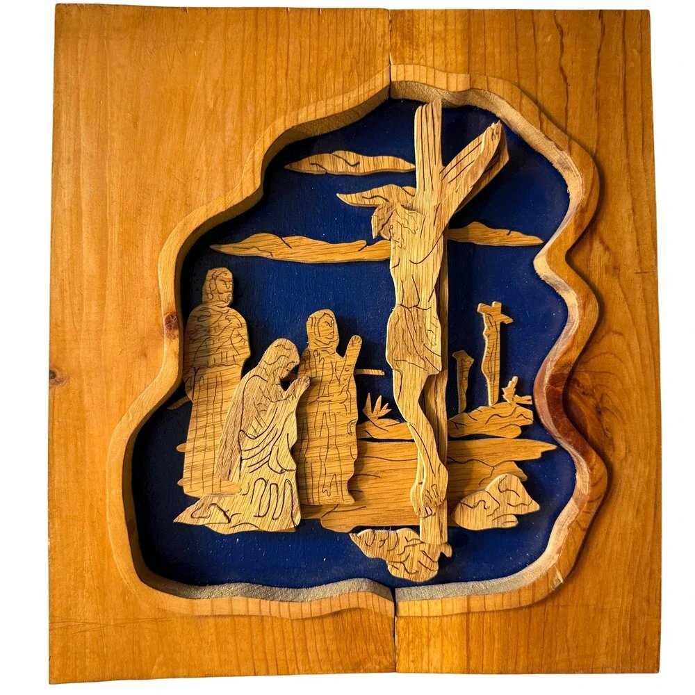 Vtg Religious 3D Wood Carving Jesus Crucifixion Scene Wall Art Plaque 10.5 x 11